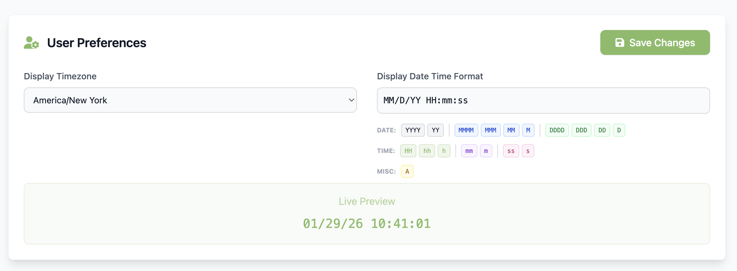User preferences screen shot