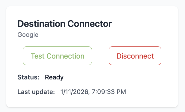 A screenshot of the Destination Connector management panel, highlighting the "Test Connection" button for verification and the "Disconnect" button for revoking account access.
