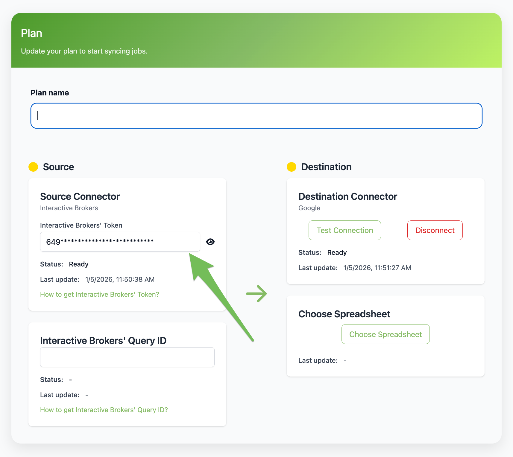 A screenshot of the individual Plan setup page featuring a arrow highlighting the Source Connector selection field.