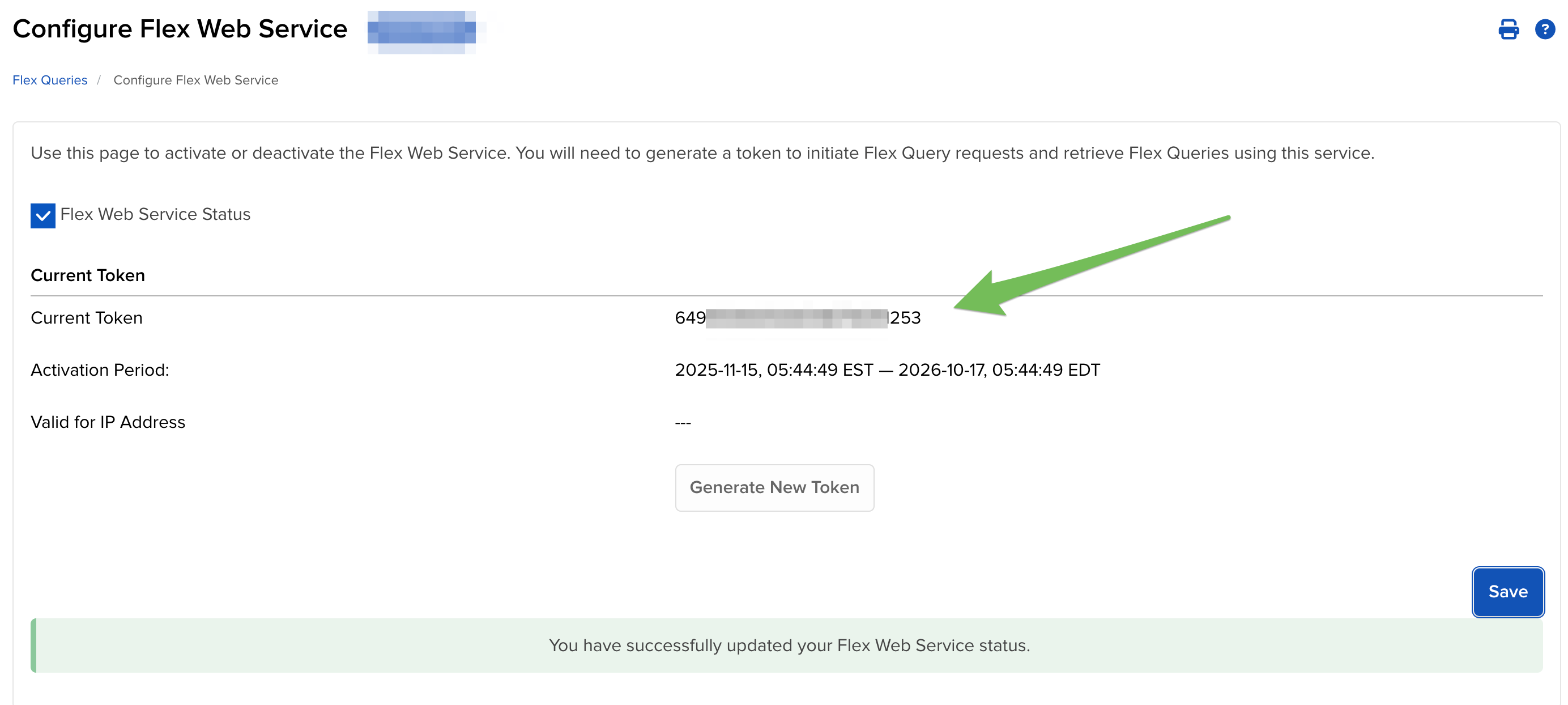 "Current Token" field in the IBKR portal, displaying an active token for copying.