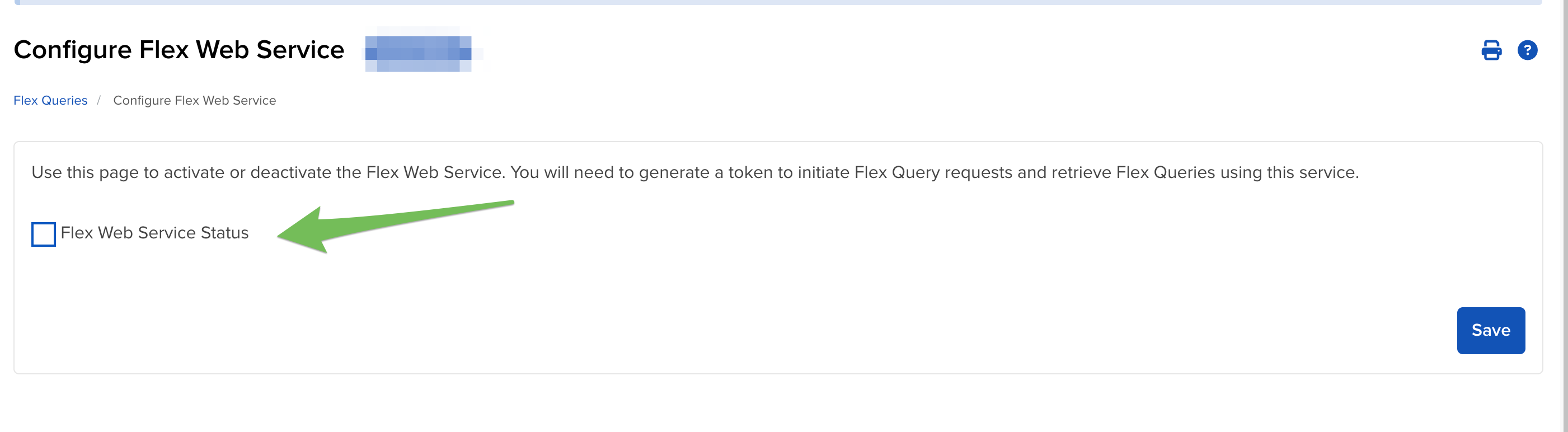 The Flex Web Service Configuration window with the "Flex Web Service Status" checkbox selected and the "Save" button.