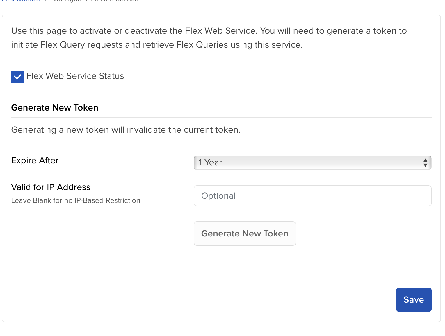 Configuration screen showing the "Expire After" dropdown menu and "Generate New Token" button.
