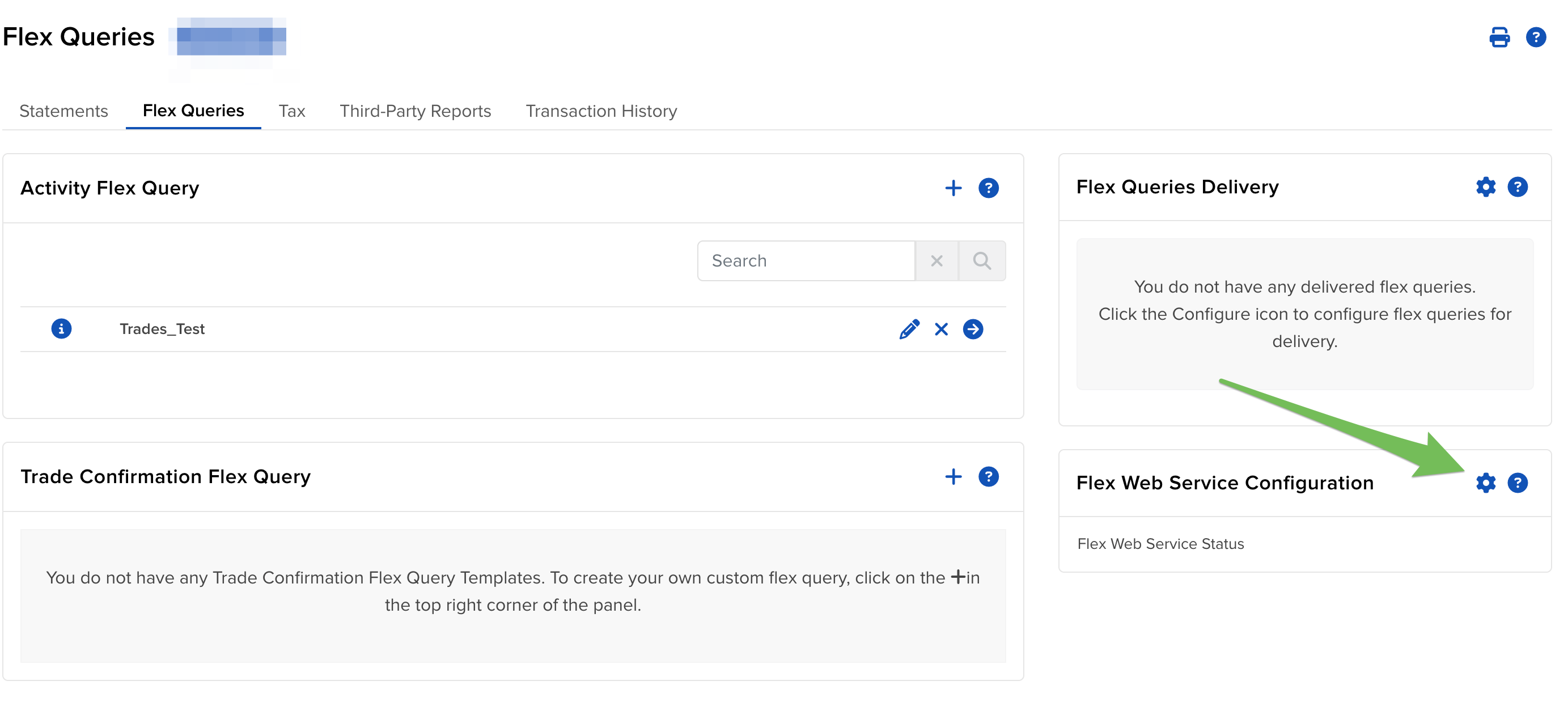 "Flex Web Service Configuration" section in IBKR, showing the gear-shaped setting icon used to open the configuration window.