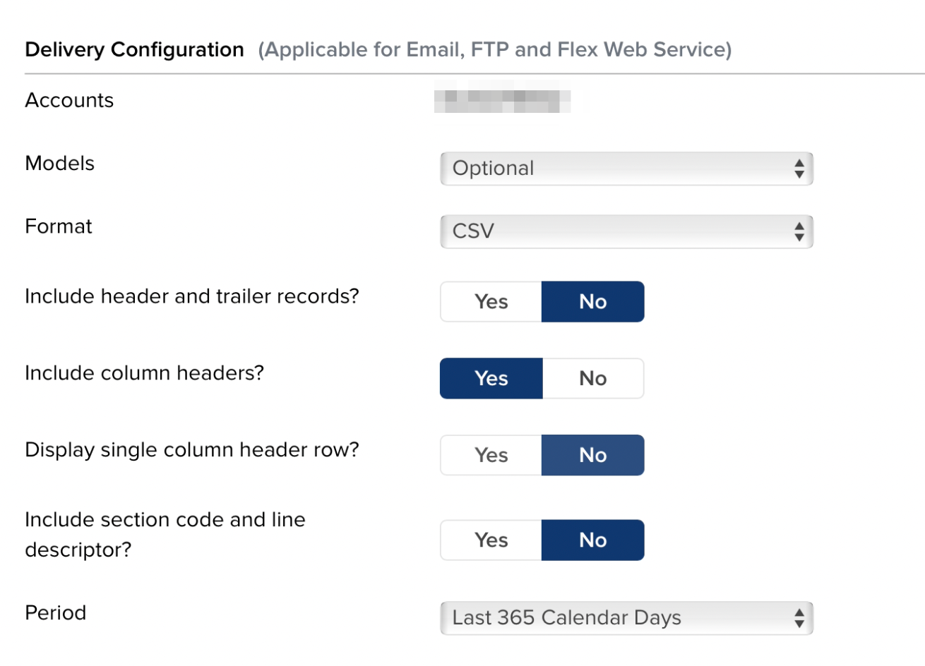 Setting Delivery Configuration to CSV format with column headers and a 365-day time range.