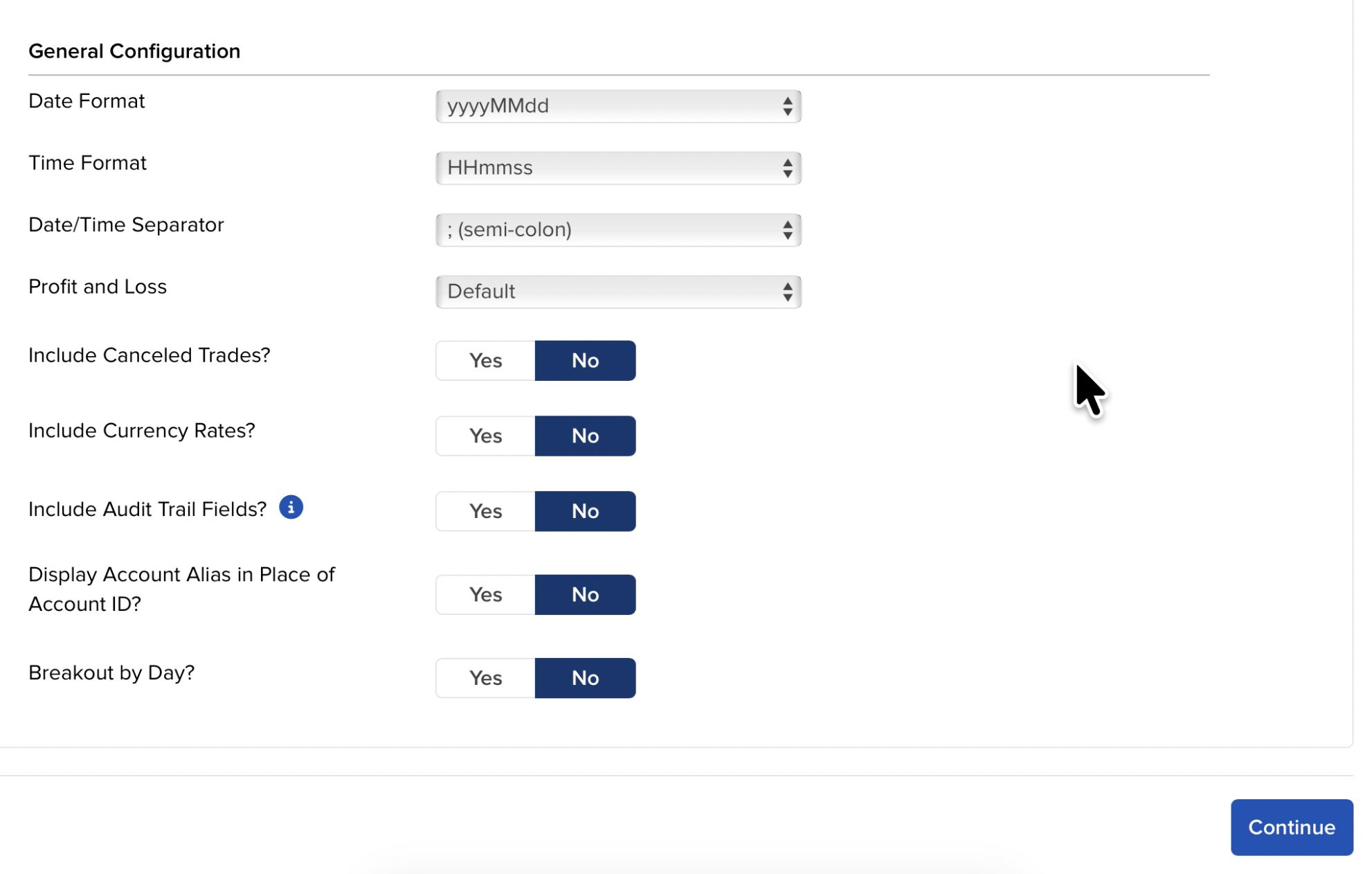 Configuring date format as yyyyMMdd and time format as HHmmss with a semi-colon separator.