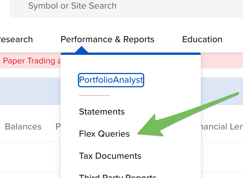 Interactive Brokers main menu with "Performance & Reports" selected and the "Flex Queries" option highlighted.
