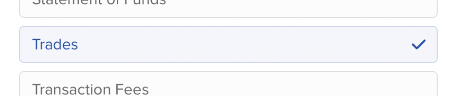 Interface showing the selection of the Trades section and clicking "Select All" for data fields.