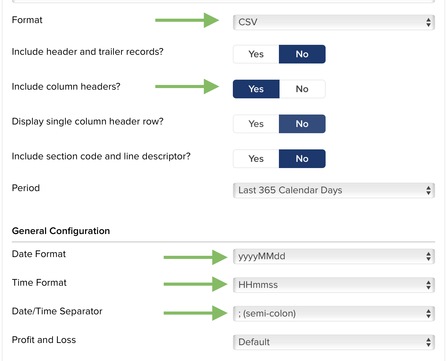 Other report settings, remember to set the CSV format, the Date ,Time Format, Date/Time Sperator is default.